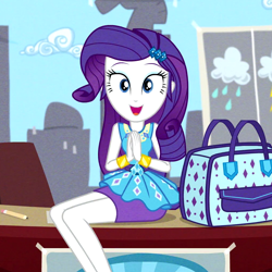 Size: 1016x1015 | Tagged: safe, screencap, character:rarity, episode:best trends forever, g4, my little pony:equestria girls, bag, bracelet, cropped, cute, handbag, happy, jewelry, legs, looking at you, pencil skirt, raribetes, smiling, weather