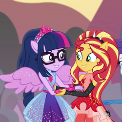 Size: 1080x1079 | Tagged: safe, screencap, character:sunset shimmer, character:twilight sparkle, character:twilight sparkle (scitwi), species:eqg human, equestria girls:forgotten friendship, g4, my little pony:equestria girls, clothing, cropped, dress, duo, happy, holding hands, looking at each other, ponied up, scitwilicorn, sleeveless, smiling, super ponied up