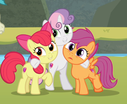 Size: 810x663 | Tagged: safe, screencap, character:apple bloom, character:scootaloo, character:sweetie belle, species:earth pony, species:pegasus, species:pony, species:unicorn, episode:surf and/or turf, g4, my little pony: friendship is magic, adorabloom, bipedal, cropped, cute, cutealoo, cutie mark, cutie mark crusaders, diasweetes, female, filly, group hug, hug, smiling, the cmc's cutie marks, trio, trio female