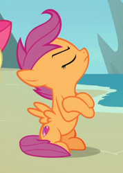 Size: 412x580 | Tagged: safe, screencap, character:apple bloom, character:scootaloo, species:earth pony, species:pegasus, species:pony, episode:surf and/or turf, g4, my little pony: friendship is magic, cropped, crossed hooves, cutie mark, eyes closed, female, filly, offscreen character, pouting, sitting, solo focus, the cmc's cutie marks