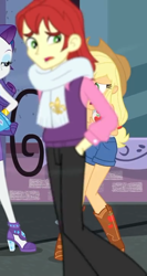 Size: 382x720 | Tagged: safe, screencap, character:applejack, character:nolan north, character:rarity, episode:street chic, g4, my little pony:equestria girls, background human, clothing, cropped, hands in pockets, high heels, male, nolan north, pants, scarf, shoes