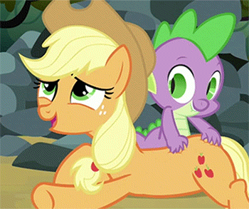 Size: 350x293 | Tagged: safe, screencap, character:applejack, character:spike, species:dragon, species:earth pony, species:pony, ship:applespike, episode:spike at your service, g4, my little pony: friendship is magic, animated, back scratching, butt touch, female, hand on butt, male, mare, massage, petting, scratching, shipping, shipping fuel, straight, tickling