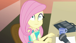 Size: 1920x1080 | Tagged: safe, screencap, character:fluttershy, episode:fluttershy's butterflies, g4, my little pony:equestria girls, coffee mug, female, fluttershy's butterflies: rainbow dash, geode of fauna, looking at you, magical geodes, microphone, mug, nervous, solo, wavy mouth