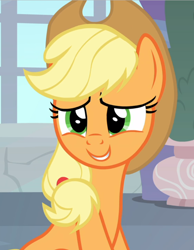 Size: 728x937 | Tagged: safe, screencap, character:applejack, species:earth pony, species:pony, episode:non-compete clause, g4, my little pony: friendship is magic, cropped, female, mare, sitting, smiling, solo