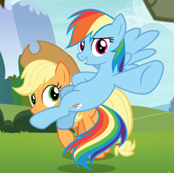 Size: 868x863 | Tagged: safe, screencap, character:applejack, character:rainbow dash, species:earth pony, species:pegasus, species:pony, episode:non-compete clause, g4, my little pony: friendship is magic, cropped, female, flying, mare, pointing, raised hoof, spread wings, underhoof, wings