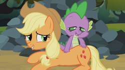 Size: 1152x648 | Tagged: safe, screencap, character:applejack, character:spike, species:dragon, species:earth pony, species:pony, episode:spike at your service, g4, my little pony: friendship is magic, back scratching, butt touch, female, hand on butt, male, mare, massage, out of context