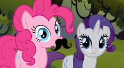 Size: 851x467 | Tagged: safe, screencap, character:pinkie pie, character:rarity, species:earth pony, species:pony, species:unicorn, episode:spike at your service, g4, my little pony: friendship is magic, female, mare, moustache