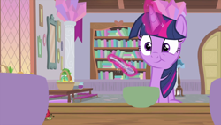 Size: 1280x720 | Tagged: safe, screencap, character:twilight sparkle, character:twilight sparkle (alicorn), species:alicorn, species:pony, episode:starlight the hypnotist, book, bookshelf, bowl, chewing, cute, eating, female, glowing horn, insect, ladybug, magic, mare, solo, spoon, table, twiabetes