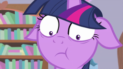 Size: 1280x720 | Tagged: safe, screencap, character:twilight sparkle, character:twilight sparkle (alicorn), species:alicorn, species:pony, episode:starlight the hypnotist, book, bookshelf, close-up, eating, faec, floppy ears, reaction image, solo, terrified