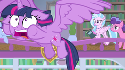 Size: 1280x720 | Tagged: safe, screencap, character:berry blend, character:berry bliss, character:november rain, character:silverstream, character:twilight sparkle, character:twilight sparkle (alicorn), species:alicorn, species:classical hippogriff, species:earth pony, species:hippogriff, species:pony, episode:starlight the hypnotist, book, faec, female, floppy ears, flying, friendship student, ladybug, library, majestic as fuck, raised eyebrow, running away, scared