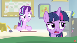 Size: 1910x1080 | Tagged: safe, screencap, character:starlight glimmer, character:twilight sparkle, character:twilight sparkle (alicorn), species:alicorn, species:pony, episode:starlight the hypnotist, guidance counselor, spoiler, starlight's office, worried