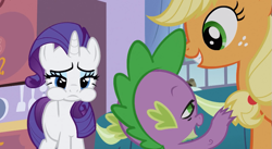 Size: 853x469 | Tagged: safe, screencap, character:applejack, character:rarity, character:spike, species:dragon, species:earth pony, species:pony, species:unicorn, episode:spike at your service, g4, my little pony: friendship is magic, female, male, mare