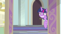 Size: 1280x720 | Tagged: safe, screencap, character:twilight sparkle, character:twilight sparkle (alicorn), species:alicorn, species:pony, episode:starlight the hypnotist, female, grin, mare, nervous, nervous grin, smiling, solo