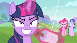Size: 1366x769 | Tagged: safe, screencap, character:pinkie pie, character:starlight glimmer, character:twilight sparkle, character:twilight sparkle (alicorn), species:alicorn, species:earth pony, species:pony, species:unicorn, episode:starlight the hypnotist, evil face, evil grin, faec, female, glare, glowing horn, grin, gritted teeth, kite, levitation, lidded eyes, looking at you, magic, mare, nervous, pinkie being pinkie, pinkie physics, prehensile mane, rapeface, scared, smiling, telekinesis, twilight snapple, wide eyes, worried