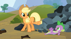 Size: 851x469 | Tagged: safe, screencap, character:applejack, character:spike, species:dragon, species:earth pony, species:pony, episode:spike at your service, g4, my little pony: friendship is magic, female, male, mare