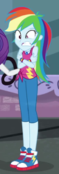 Size: 320x946 | Tagged: safe, screencap, character:rainbow dash, character:rarity, episode:street chic, g4, my little pony:equestria girls, clothing, cold, converse, cropped, cute, dashabetes, freezing, geode of super speed, magical geodes, offscreen character, shivering, shoes, sleeveless, sneakers, solo, tank top