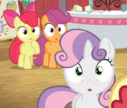Size: 980x839 | Tagged: safe, screencap, character:apple bloom, character:scootaloo, character:sweetie belle, species:earth pony, species:pegasus, species:pony, species:unicorn, episode:the break up break down, :o, bow, cropped, cutie mark crusaders, female, filly, hair bow, open mouth, raised hoof, sad, shocked