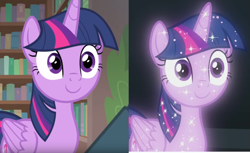 Size: 1119x685 | Tagged: safe, screencap, character:tree of harmony, character:treelight sparkle, character:twilight sparkle, character:twilight sparkle (alicorn), species:alicorn, species:pony, episode:starlight the hypnotist, episode:what lies beneath, g4, my little pony: friendship is magic, bookshelf, comparison, solo, sparkling, tree of harmony, treelight sparkle