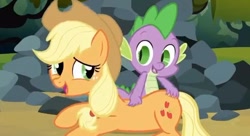 Size: 640x347 | Tagged: safe, screencap, character:applejack, character:spike, species:dragon, species:earth pony, species:pony, ship:applespike, episode:spike at your service, g4, my little pony: friendship is magic, back scratching, butt touch, female, hand on butt, male, mare, massage, out of context, petting, plot, shipping, straight