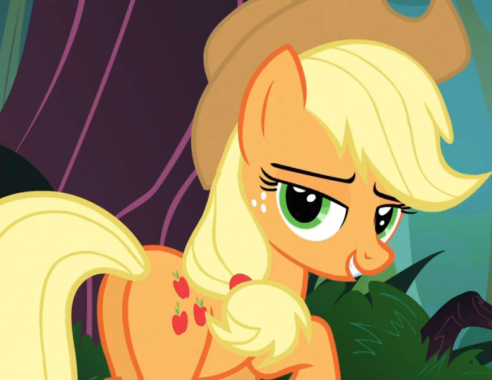 Size: 700x540 | Tagged: safe, screencap, character:applejack, species:earth pony, species:pony, episode:spike at your service, g4, my little pony: friendship is magic, animated, eyebrow wiggle, female, lidded eyes, looking at you, looking back, mare, out of context, plot, solo, stupid sexy applejack