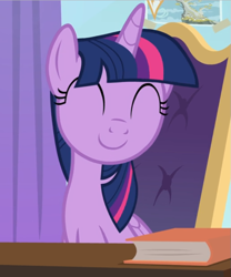 Size: 677x813 | Tagged: safe, screencap, character:twilight sparkle, character:twilight sparkle (alicorn), species:alicorn, species:pony, episode:friendship university, g4, my little pony: friendship is magic, cropped, cute, desk, eyes closed, female, sitting, smiling, solo, twiabetes, twilight's office