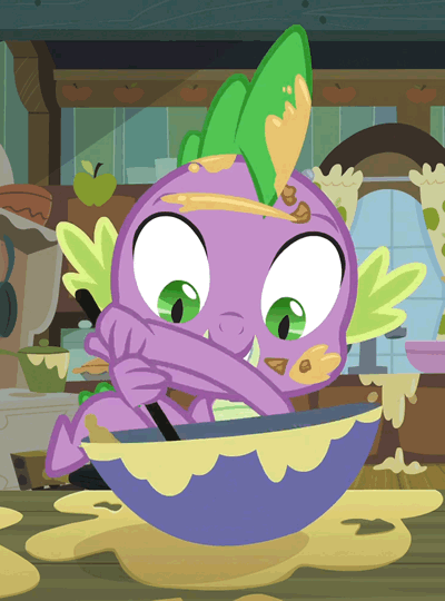 Size: 400x540 | Tagged: safe, screencap, character:spike, species:dragon, episode:spike at your service, g4, my little pony: friendship is magic, animated, baking, batter, bowl, helping, male, messy, open mouth, smiling, solo, stirring