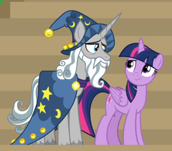 Size: 828x727 | Tagged: safe, screencap, character:star swirl the bearded, character:twilight sparkle, character:twilight sparkle (alicorn), species:alicorn, species:pony, episode:friendship university, g4, my little pony: friendship is magic, cropped, duo, female, male, smiling