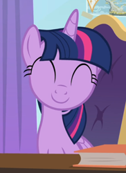 Size: 558x767 | Tagged: safe, screencap, character:twilight sparkle, character:twilight sparkle (alicorn), species:alicorn, species:pony, episode:friendship university, g4, my little pony: friendship is magic, cropped, cute, desk, eyes closed, female, sitting, twiabetes, twilight's office