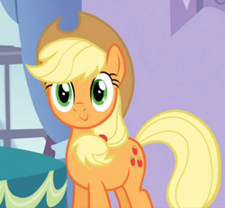 Size: 602x559 | Tagged: safe, screencap, character:applejack, species:earth pony, species:pony, episode:spike at your service, g4, my little pony: friendship is magic, applejack's hat, c:, clothing, cowboy hat, cute, female, hat, jackabetes, smiling, solo