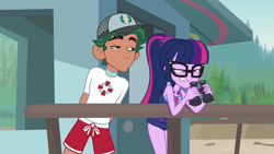 Size: 1920x1080 | Tagged: safe, screencap, character:timber spruce, character:twilight sparkle, character:twilight sparkle (scitwi), species:eqg human, episode:unsolved selfie mysteries, g4, my little pony:equestria girls, binoculars, clothing, female, geode of telekinesis, lifeguard timber, magical geodes, male, ponytail, shorts, sleeveless, swimsuit