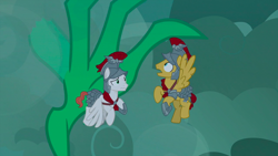 Size: 1440x810 | Tagged: safe, screencap, character:flash magnus, species:dragon, species:pegasus, species:pony, episode:campfire tales, g4, my little pony: friendship is magic, armor, cloud, flying, hand, helmet, male, stallion