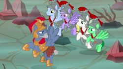 Size: 1440x809 | Tagged: safe, screencap, character:albus, character:cerulean slate, character:iron eagle, character:verdigris, species:pegasus, species:pony, episode:campfire tales, g4, my little pony: friendship is magic, armor, background pony, beard, captain ironhead, facial hair, female, flying, helmet, hoof shoes, line-up, looking back, male, mare, royal legion, stallion