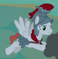 Size: 324x326 | Tagged: safe, screencap, character:albus, species:pegasus, species:pony, episode:campfire tales, g4, my little pony: friendship is magic, armor, background pony, cropped, flying, helmet, male, royal legion, stallion