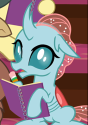 Size: 532x755 | Tagged: safe, screencap, character:ocellus, species:changedling, species:changeling, species:pony, species:reformed changeling, episode:the end in friend, g4, my little pony: friendship is magic, cropped, female, notebook, open mouth, pencil, sitting, solo focus
