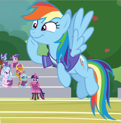 Size: 721x735 | Tagged: safe, screencap, character:ocellus, character:rainbow dash, character:silverstream, character:smolder, character:twilight sparkle, character:twilight sparkle (alicorn), character:yona, species:alicorn, species:changedling, species:changeling, species:classical hippogriff, species:dragon, species:hippogriff, species:pegasus, species:pony, species:reformed changeling, species:yak, episode:the end in friend, g4, my little pony: friendship is magic, book, clothing, cropped, cute, dashabetes, dragoness, female, flying, glowing horn, horn, jersey, magic, mare, raised hoof, sitting, smiling, solo focus, spread wings, wings