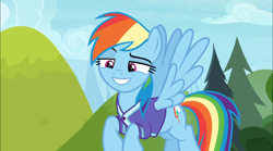 Size: 1668x930 | Tagged: safe, screencap, character:rainbow dash, species:pegasus, species:pony, episode:the end in friend, g4, my little pony: friendship is magic, clothing, female, flying, jersey, mare, raised eyebrow, smiling, smirk, smug