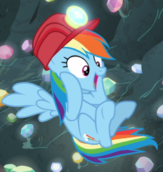 Size: 698x738 | Tagged: safe, screencap, character:rainbow dash, species:pegasus, species:pony, episode:the end in friend, g4, my little pony: friendship is magic, cheek squish, cropped, excited, female, flying, gem cave, helmet, mare, mining helmet, open mouth, solo, spread wings, squishy cheeks, wings