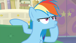 Size: 1663x935 | Tagged: safe, screencap, character:rainbow dash, species:pegasus, species:pony, episode:the end in friend, g4, my little pony: friendship is magic, couch, female, mare, pouting, side, sitting, solo