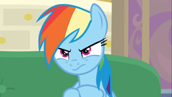 Size: 1667x937 | Tagged: safe, screencap, character:rainbow dash, species:pegasus, species:pony, episode:the end in friend, g4, my little pony: friendship is magic, angry, crossed hooves, female, mare, narrowed eyes, rainbow dash is not amused, solo, unamused
