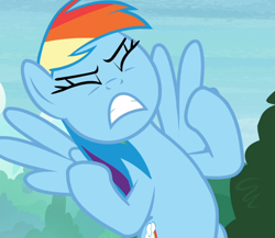 Size: 1078x937 | Tagged: safe, screencap, character:rainbow dash, species:pegasus, species:pony, episode:the end in friend, g4, my little pony: friendship is magic, cropped, eyes closed, female, flying, frustrated, growling, mare, solo, spread wings, teeth, wings