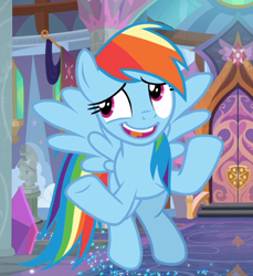 Size: 846x923 | Tagged: safe, screencap, character:rainbow dash, species:pegasus, species:pony, episode:the end in friend, g4, my little pony: friendship is magic, cropped, embarrassed, female, flying, open mouth, solo
