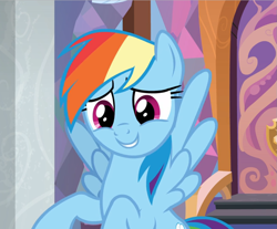 Size: 1133x938 | Tagged: safe, screencap, character:rainbow dash, species:pegasus, species:pony, episode:the end in friend, g4, my little pony: friendship is magic, cropped, cute, embarrassed, female, flying, smiling, solo