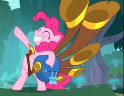 Size: 912x709 | Tagged: safe, screencap, character:pinkie pie, species:earth pony, species:pony, episode:yakity-sax, g4, my little pony: friendship is magic, bipedal, cropped, eyes closed, female, hooves in air, mare, raised hoof, smiling, solo, yovidaphone