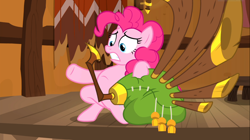 Size: 1666x933 | Tagged: safe, screencap, character:pinkie pie, species:earth pony, species:pony, episode:yakity-sax, g4, my little pony: friendship is magic, female, mare, nervous, puffed chest, scared, solo, teeth, yovidaphone