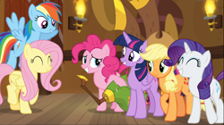 Size: 1668x935 | Tagged: safe, screencap, character:applejack, character:fluttershy, character:pinkie pie, character:rainbow dash, character:rarity, character:twilight sparkle, character:twilight sparkle (alicorn), species:alicorn, species:earth pony, species:pegasus, species:pony, species:unicorn, episode:yakity-sax, g4, my little pony: friendship is magic, eyes closed, female, flying, mane six, mare, yovidaphone