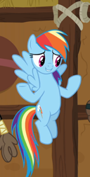 Size: 478x937 | Tagged: safe, screencap, character:rainbow dash, species:pegasus, species:pony, episode:yakity-sax, g4, my little pony: friendship is magic, cropped, female, flying, mare, raised hoof, solo, spread wings, underhoof, wings