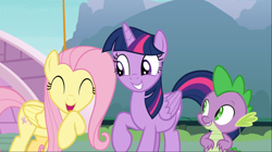 Size: 1666x935 | Tagged: safe, screencap, character:fluttershy, character:spike, character:twilight sparkle, character:twilight sparkle (alicorn), species:alicorn, species:dragon, species:pegasus, species:pony, episode:yakity-sax, g4, my little pony: friendship is magic, cute, eyes closed, female, male, mare, open mouth, raised hoof, shyabetes, smiling, trio, twiabetes