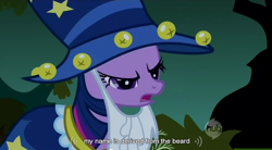 Size: 851x471 | Tagged: safe, screencap, character:twilight sparkle, species:pony, species:unicorn, episode:luna eclipsed, g4, my little pony: friendship is magic, female, hub logo, mare, solo, star swirl the bearded costume, youtube caption