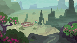 Size: 1440x809 | Tagged: safe, screencap, episode:to where and back again, g4, my little pony: friendship is magic, desert, flower, no pony, path, scenery, starlight's village, tree, village
