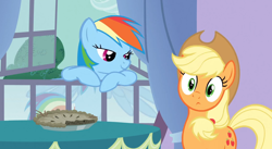 Size: 1920x1051 | Tagged: safe, screencap, character:applejack, character:rainbow dash, species:earth pony, species:pony, episode:spike at your service, g4, my little pony: friendship is magic, female, lidded eyes, mare, out of context, soon